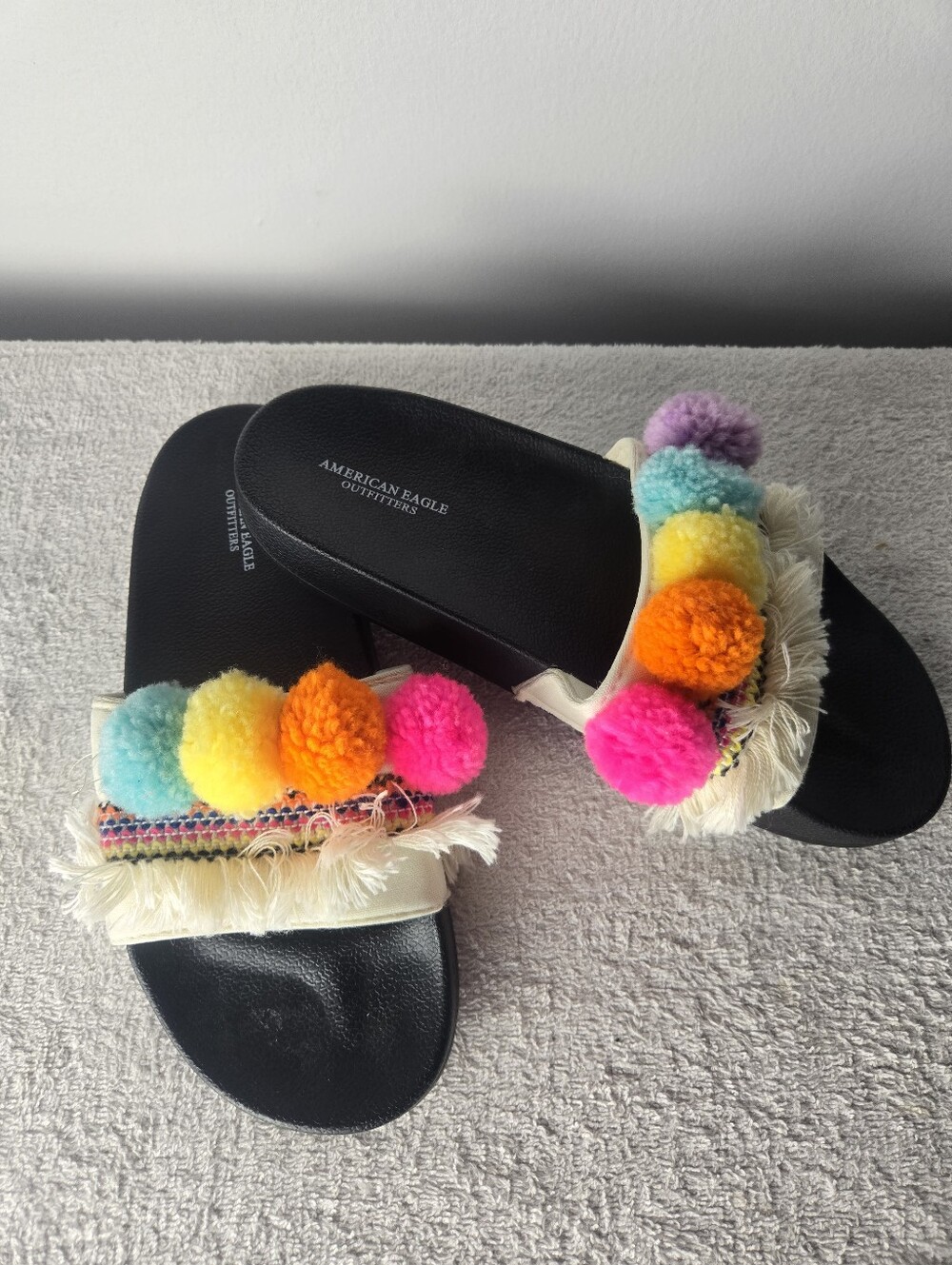 American Eagle Boho Pom Pom Fringe Slide Sandals Multi-Color Size 7